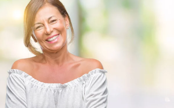 Donna Ispanica Anziana Mezza Età Sfondo Isolato Volto Felice Sorridente — Foto Stock