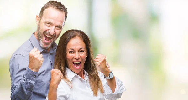 Pareja Hispana Negocios Mediana Edad Sobre Fondo Aislado Muy Feliz —  Fotos de Stock