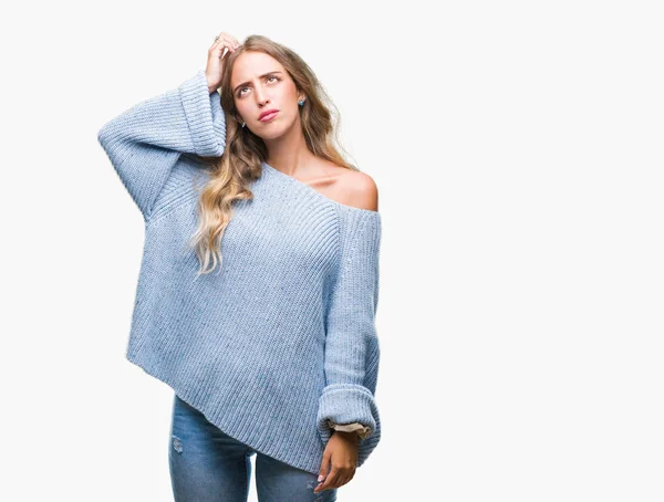 Mulher Loira Bonita Usando Camisola Inverno Sobre Fundo Isolado Confundir — Fotografia de Stock