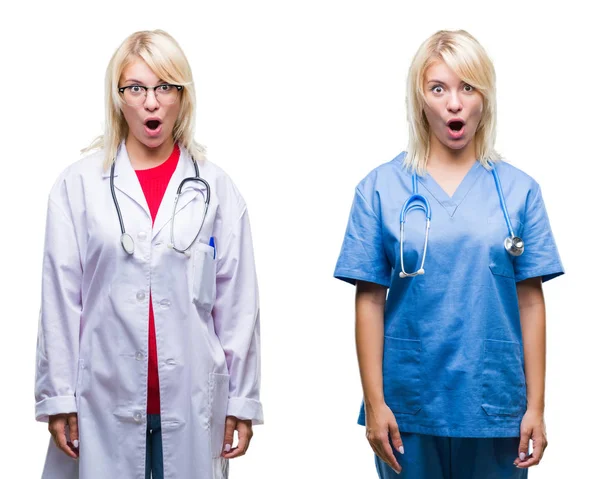 Collage Van Arts Verpleegkundige Vrouw Witte Geïsoleerde Achtergrond Bang Geschokt — Stockfoto