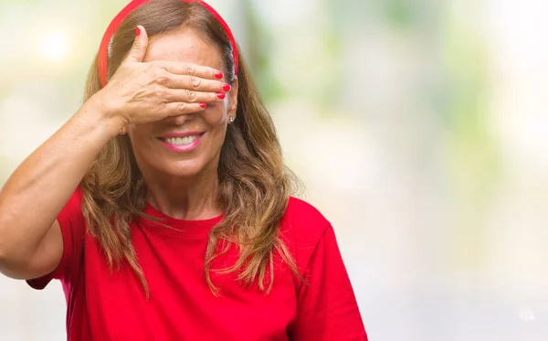 Ältere Hispanische Frau Mittleren Alters Mit Isoliertem Hintergrund Lächelnd Und — Stockfoto