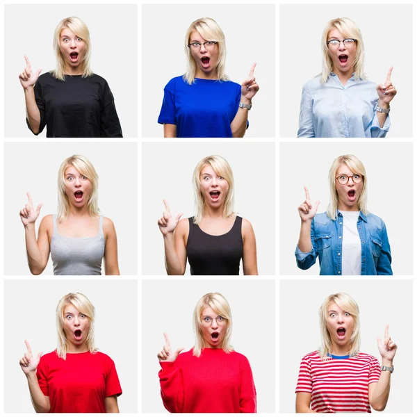 Collage Beautiful Blonde Woman Wearing Differents Casual Looks Isolated Background — Stock Photo, Image