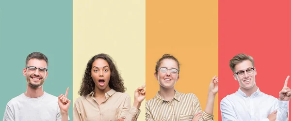 Colagem Grupo Pessoas Isoladas Sobre Fundo Colorido Com Grande Sorriso — Fotografia de Stock