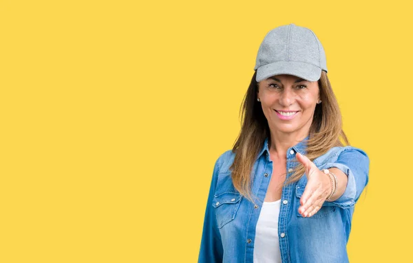 Beautiful Middle Age Woman Wearing Sport Cap Isolated Background Smiling — Stock Photo, Image