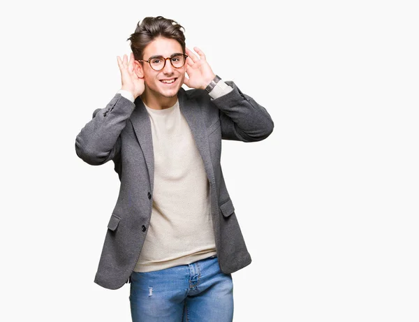 Ung Affärsman Bära Glasögon Över Isolerade Bakgrund Försöker Höra Båda — Stockfoto