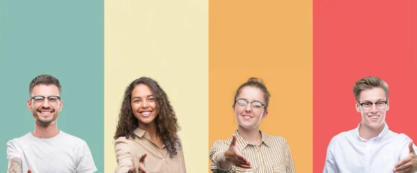 Collage Grupo Personas Aisladas Sobre Fondo Colorido Sonriendo Amistoso Ofreciendo —  Fotos de Stock