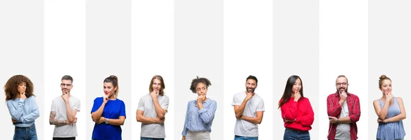 Collage Diferentes Etnias Jóvenes Sobre Rayas Blancas Fondo Aislado Mirando — Foto de Stock