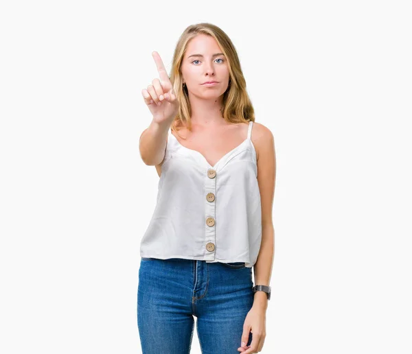 Zole Güzel Genç Kadın Arka Plan Işaret Parmağını Kızgın Ifade — Stok fotoğraf
