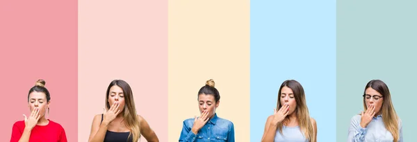 Kolaj Renkli Çizgili Genç Güzel Kadın Bir Arka Plan Ağız — Stok fotoğraf