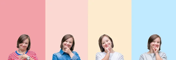 다채로운 줄무늬 배경에 미소와 카메라에 자신감 증후군 콜라주 긍정적인 — 스톡 사진