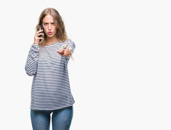 Mooie Jonge Blonde Vrouw Praten Smarpthone Geïsoleerd Achtergrond Met Vinger — Stockfoto