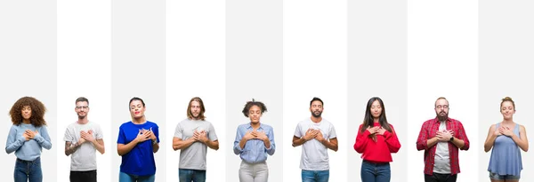 Коллаж Разных Этнических Групп Молодых Людей Белыми Полосами Изолированного Фона — стоковое фото