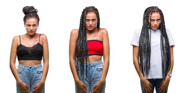 Kolaj olan güzel örgülü saç Afrikalı-Amerikalı kadın Doğum işareti izole arka plan şüpheci ve sinir, papatyanın üzgün sorun nedeniyle üzerinde. Negatif kişi.