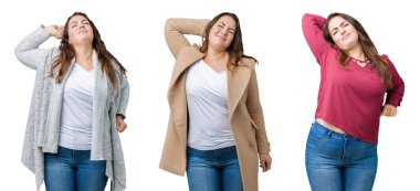 Artı boyutu kadın geri uzanan izole arka plan üzerinde güzel, yorgun ve rahat, Uykulu ve erken sabah esneme kolaj