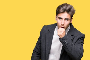 Zarif delikanlı üzerinde kış palto giyiyor soğuk veya bronşit için arka plan duygu hasta ve semptom olarak öksürük izole. Sağlık kavramı.