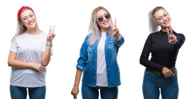 Kolaj güzel sarışın genç kadının mutlu yüz zafer işareti yaparken kameraya göz kırpıyor ile gülümseyen izole arka plan üzerinde gözlük takıyorum. İki numaralı.