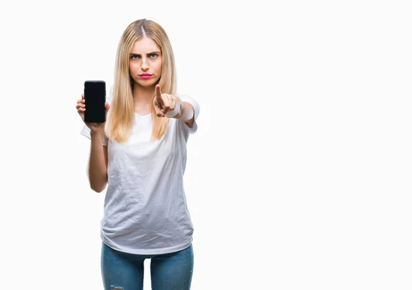 Jonge Mooie Blonde Vrouw Weergegeven Smartphone Geïsoleerde Achtergrond Met Vinger — Stockfoto