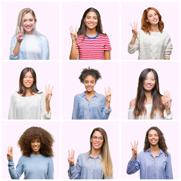 Collage Jeunes Femmes Sur Fond Rose Isolé Montrant Pointant Vers — Photo