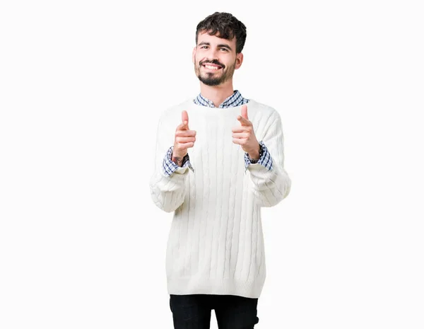 Joven Hombre Guapo Con Suéter Invierno Sobre Fondo Aislado Señalando — Foto de Stock