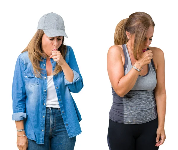 Collage Einer Schönen Frau Mittleren Alters Sportkleidung Vor Isoliertem Hintergrund — Stockfoto