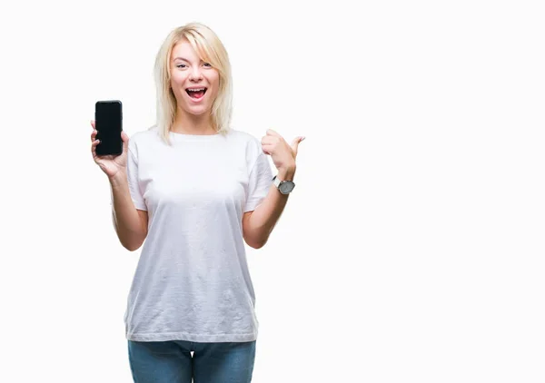 Young Beautiful Blonde Woman Showing Screen Smartphone Isolated Background Pointing — Stock Photo, Image