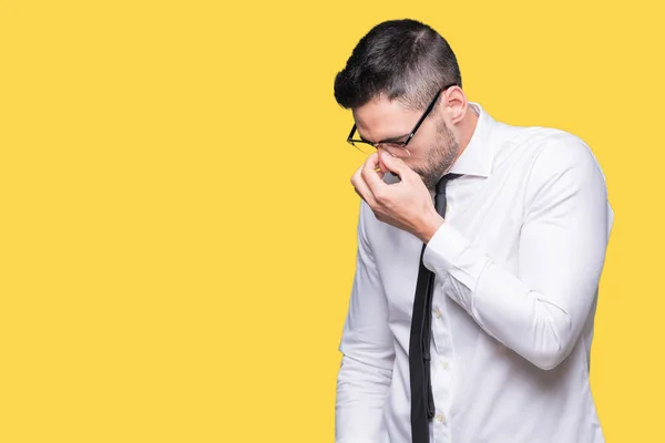 Joven Hombre Negocios Guapo Con Gafas Sobre Fondo Aislado Cansado — Foto de Stock