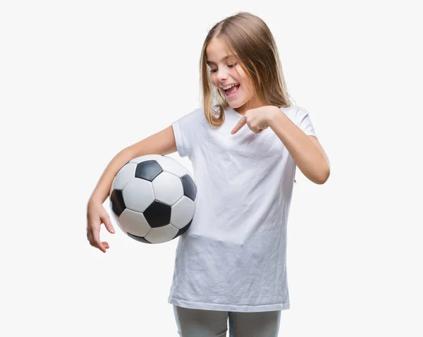 Jovem Menina Bonita Segurando Bola Futebol Sobre Fundo Isolado Muito — Fotografia de Stock