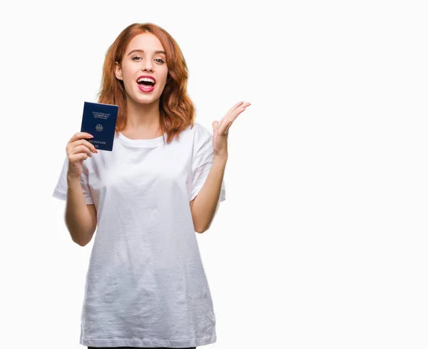 Jovem Bela Mulher Segurando Passaporte Alemanha Sobre Fundo Isolado Muito — Fotografia de Stock