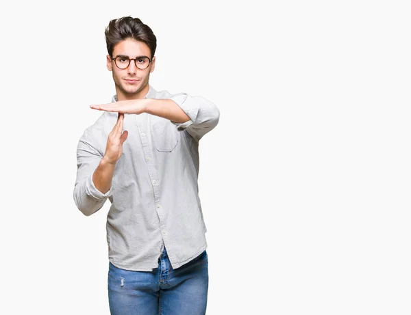 Joven Hombre Guapo Con Gafas Sobre Fondo Aislado Haciendo Gesto —  Fotos de Stock