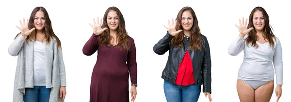 Collage Hermosa Mujer Tamaño Grande Sobre Fondo Aislado Mostrando Apuntando —  Fotos de Stock