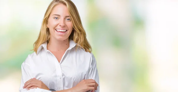 Mooie Jonge Zakenvrouw Geïsoleerde Achtergrond Blij Gezicht Lachend Met Gekruiste — Stockfoto