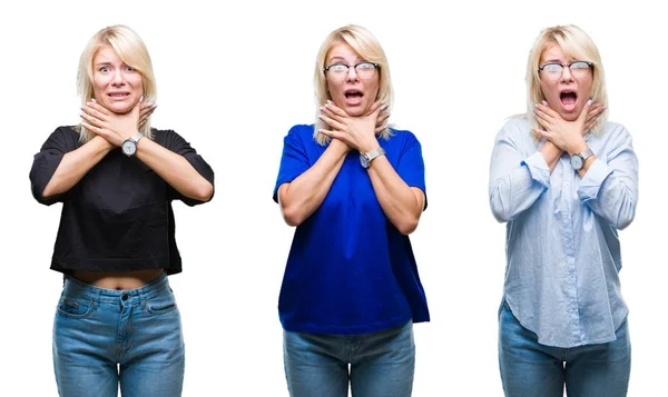 Collage Beautiful Blonde Woman Isolated Background Shouting Suffocate Because Painful — Stock Photo, Image