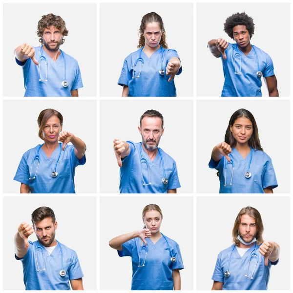 Collage Group Professional Doctor Nurse People Isolated Background Looking Unhappy — Stock Photo, Image