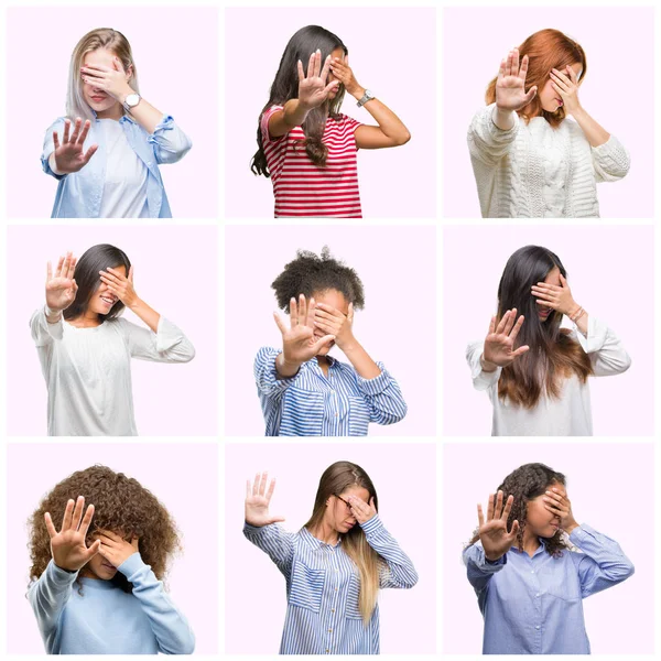 Collage Mujeres Jóvenes Sobre Fondo Rosa Aislado Cubriendo Los Ojos — Foto de Stock