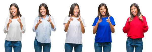 Samenstelling Van Chinese Aziatische Vrouw Geïsoleerde Achtergrond Wijzen Vingers Naar — Stockfoto