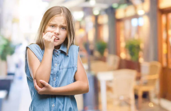 Young Beautiful Girl Isolated Background Looking Stressed Nervous Hands Mouth — Stock Photo, Image