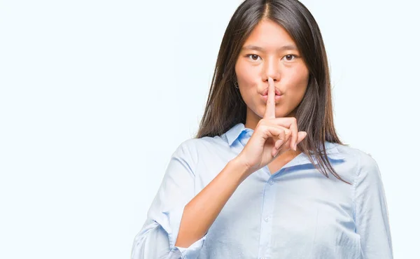 Young Asian Business Woman Isolated Background Asking Quiet Finger Lips — Stock Photo, Image