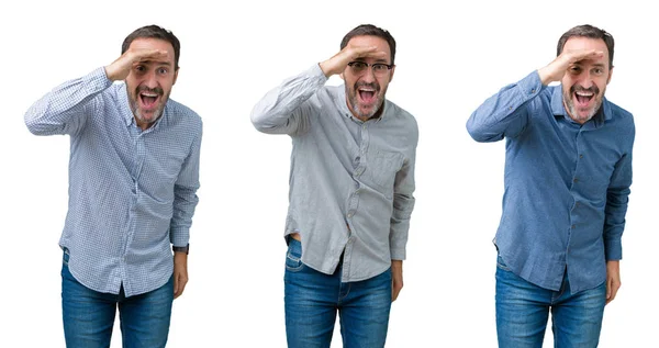 Colagem Homem Negócios Sênior Bonito Sobre Fundo Isolado Branco Muito — Fotografia de Stock