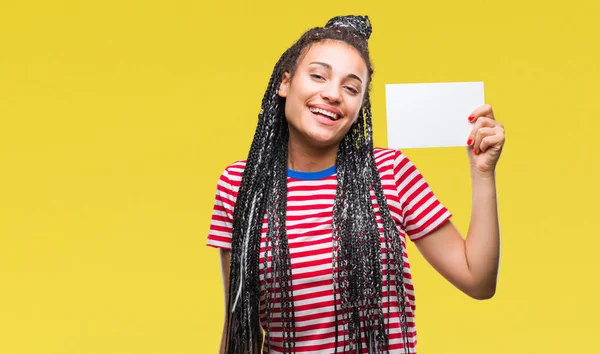 Afro Amerikaanse Meisje Houdt Van Lege Kaart Geïsoleerde Achtergrond Met — Stockfoto