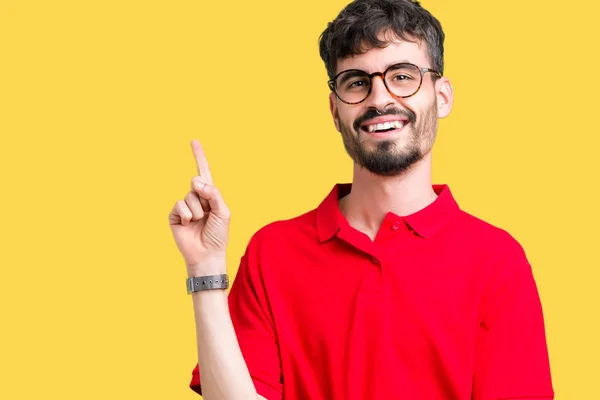 Junger Gutaussehender Mann Mit Brille Vor Isoliertem Hintergrund Fröhlich Mit — Stockfoto