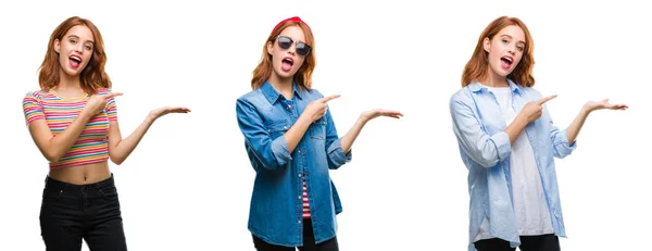 Colagem Jovem Mulher Ruiva Bonita Sobre Fundo Isolado Espantado Sorrindo — Fotografia de Stock