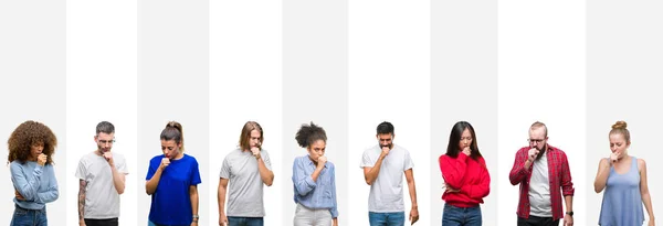 Collage Diferentes Etnias Jóvenes Sobre Rayas Blancas Aisladas Sensación Malestar — Foto de Stock