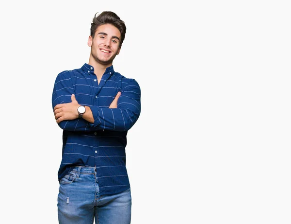 Ung Vacker Man Iförd Marinblå Skjorta Över Isolerade Bakgrund Glada — Stockfoto