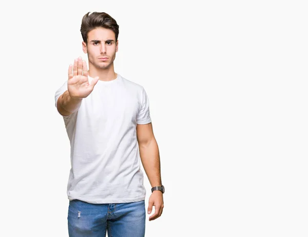 Jonge Knappe Man Dragen Witte Shirt Geïsoleerde Achtergrond Stop Doen — Stockfoto