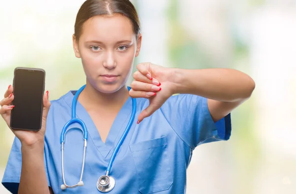 Young Caucasian Doctor Woman Showing Smarpthone Isolated Background Angry Face — Stock Photo, Image