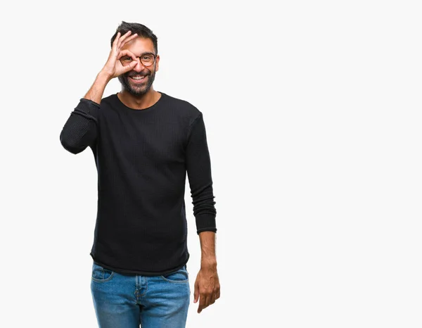 Adult Hispanic Man Wearing Glasses Isolated Background Doing Gesture Hand — Stock Photo, Image