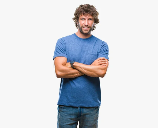 Hombre Modelo Hispano Guapo Sobre Fondo Aislado Cara Feliz Sonriendo — Foto de Stock