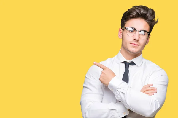 Young Business Man Wearing Glasses Isolated Background Pointing Hand Finger — Stock Photo, Image