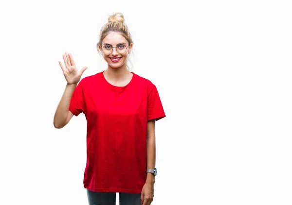 Jonge Mooie Blonde Vrouw Dragen Rode Shirt Glazen Geïsoleerde Achtergrond — Stockfoto