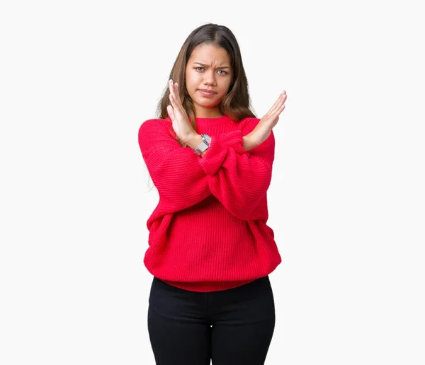 Young Beautiful Brunette Woman Wearing Red Winter Sweater Isolated Background — Stock Photo, Image